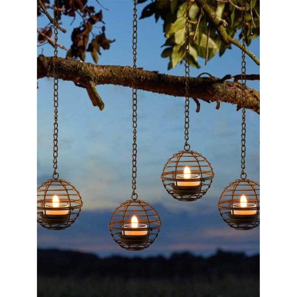 Solar Hanging Lanterns Outdoor Waterproof, Rust Iron Ball Candle Holder with